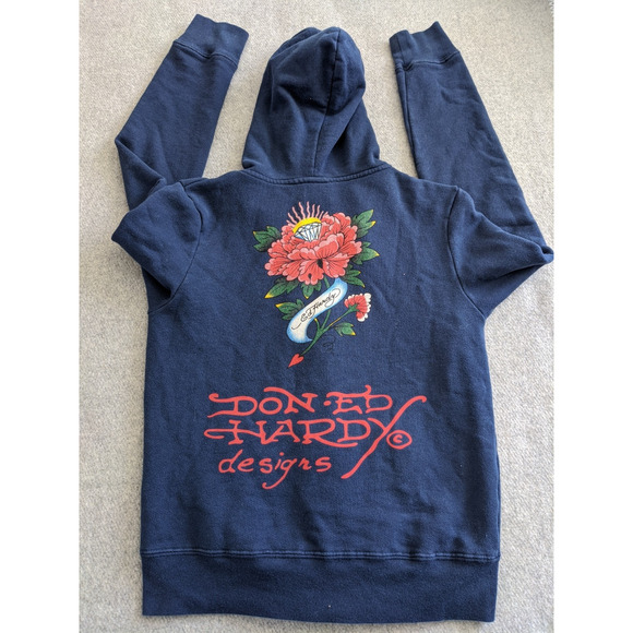 Vintage Y2K Christian Audigier Ed Hardy Full Zip Hoodie Sweater Blue Womens S - Picture 1 of 11